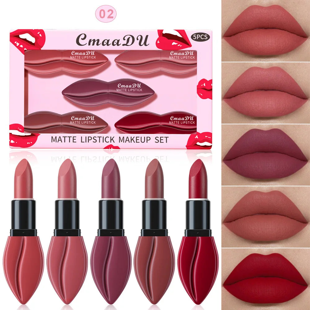 CmaaDu 5-Pc Matte Lipstick Set – Waterproof, Long-Lasting