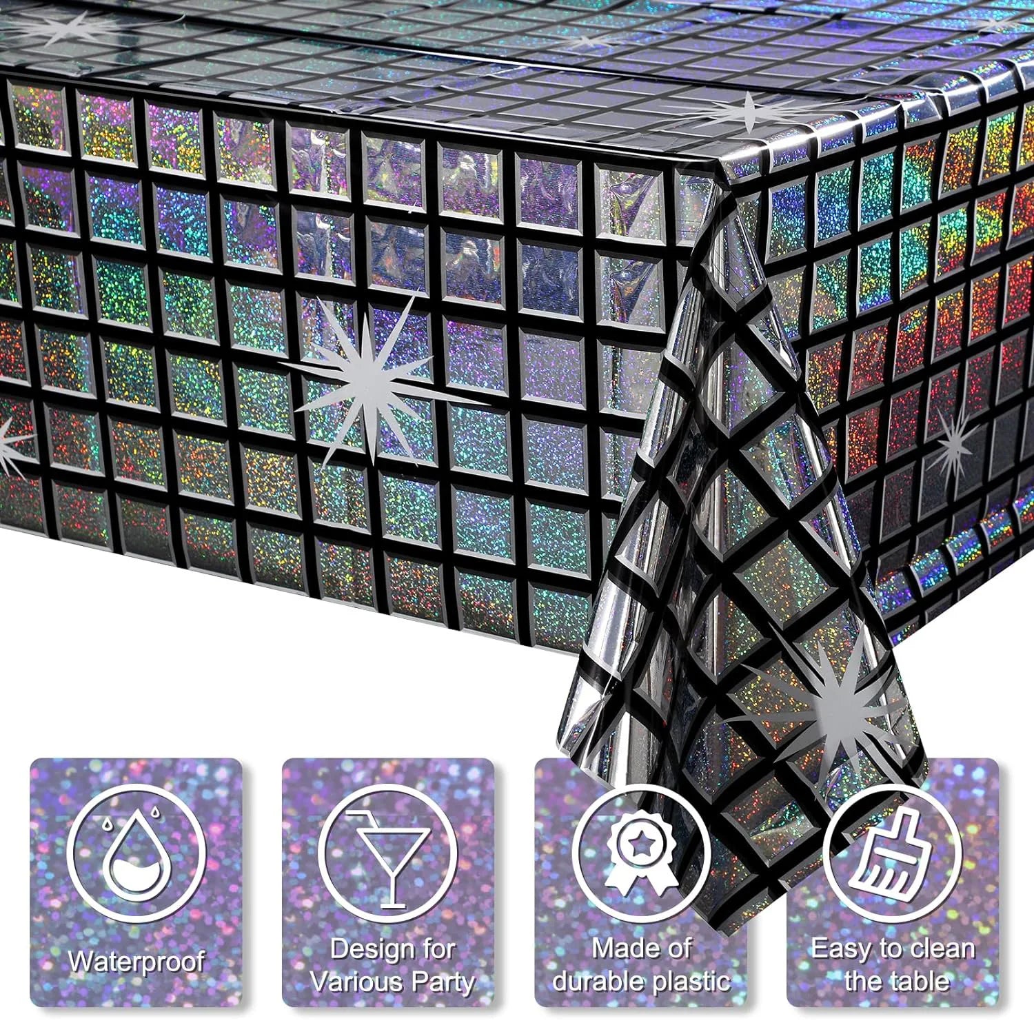 Retro Holographic Table Cover 70s Themed Party Decor Disposable Glitter Tablecloth Disco Ball Design for Bar Events Celebrations Oasis Select