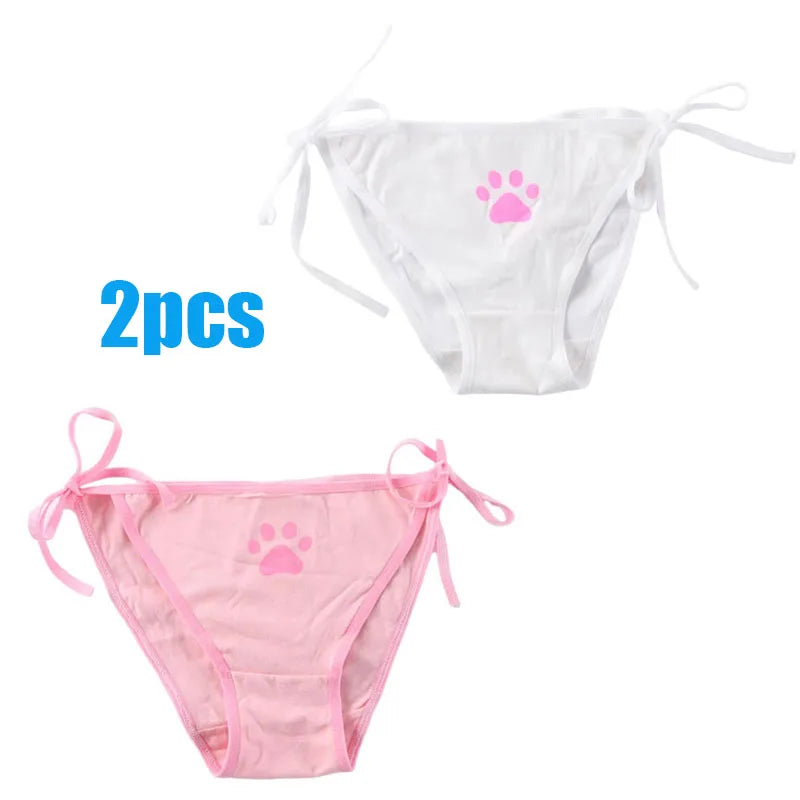 1/2/3/4pcs Women Sexy Sweet Cat Claw Briefs Low Waist Bowknot Bandage Lingerie Strings Strap Underwear Ladies Breathable Panties Oasis Select 2pcs mix One Size as show