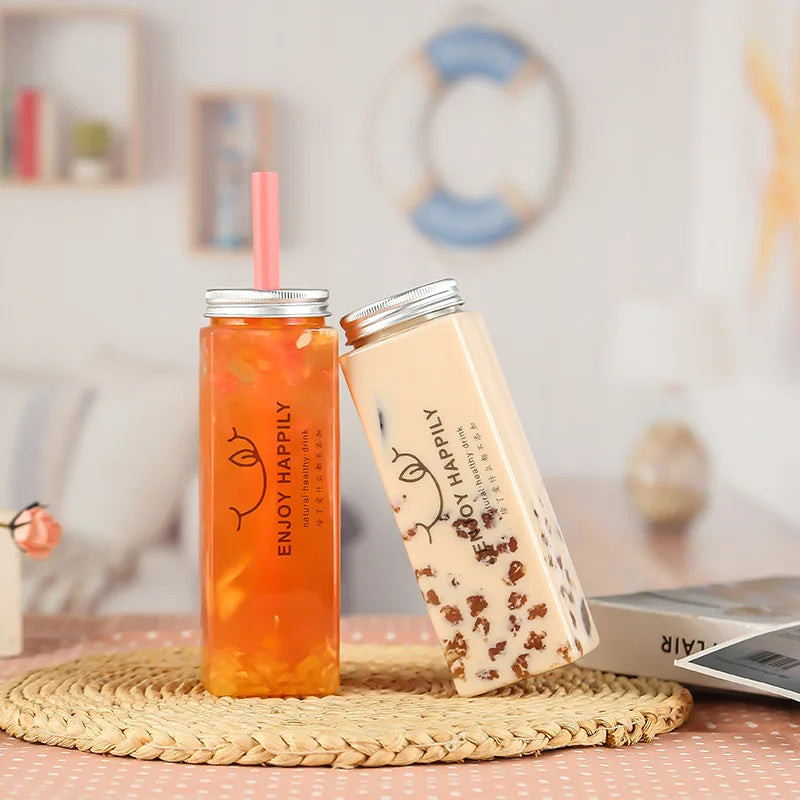 10 Pack 500ml Square Clear PET Bottles with Lids & Straws, Reusable Leakproof Cups for Milk Tea Juice Takeout Party Celebrations Oasis Select