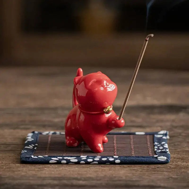 Ceramic Kitten Tea Pet Incense Holder Hand-Painted Zen Desk Decor Stick/Cone Incense Meditation Spiritual Aromatherapy Oasis Select Red