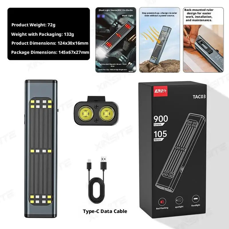 SHINEKNOT Solar LED Work Flashlight – Magnetic, Type-C, 900 Lm