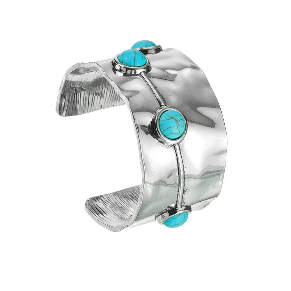 Multi Type Inlaid Imitation Turquoise Alloy Cuff Bracelet for Women New Fashion Bohemian C Shape Open Bangle Jewelry Accessories Oasis Select B