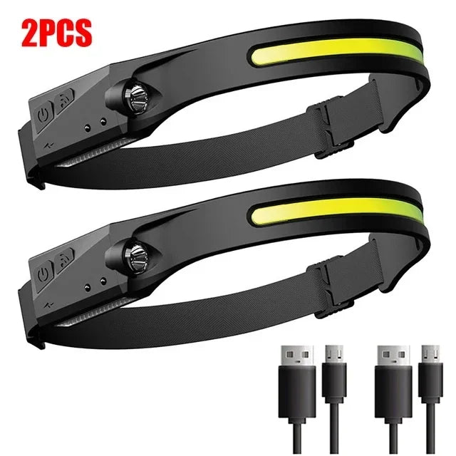 Powerful COB Rechargeable Sensor Headlamp Portable LED Head Torch Built-in Battery 5 Lighting Modes Camping Fishing Headlight Oasis Select 2 PCS
