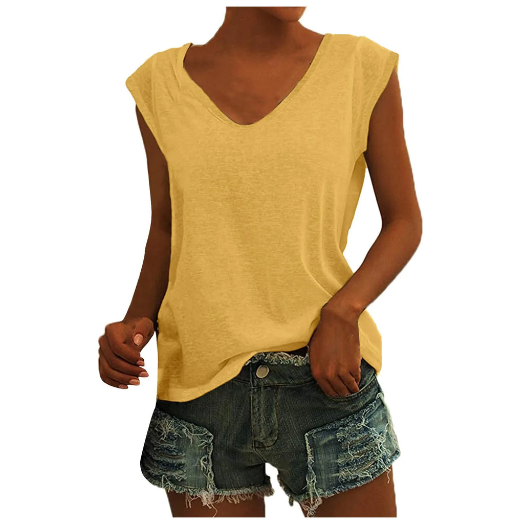 Summer Camisole Women'S V-Neck Vest Colored Cotton Solid Color T-Shirt Casual Sleeveless Vest Loose Top Fitted Vest Women'S Clot Oasis Select Yellow L