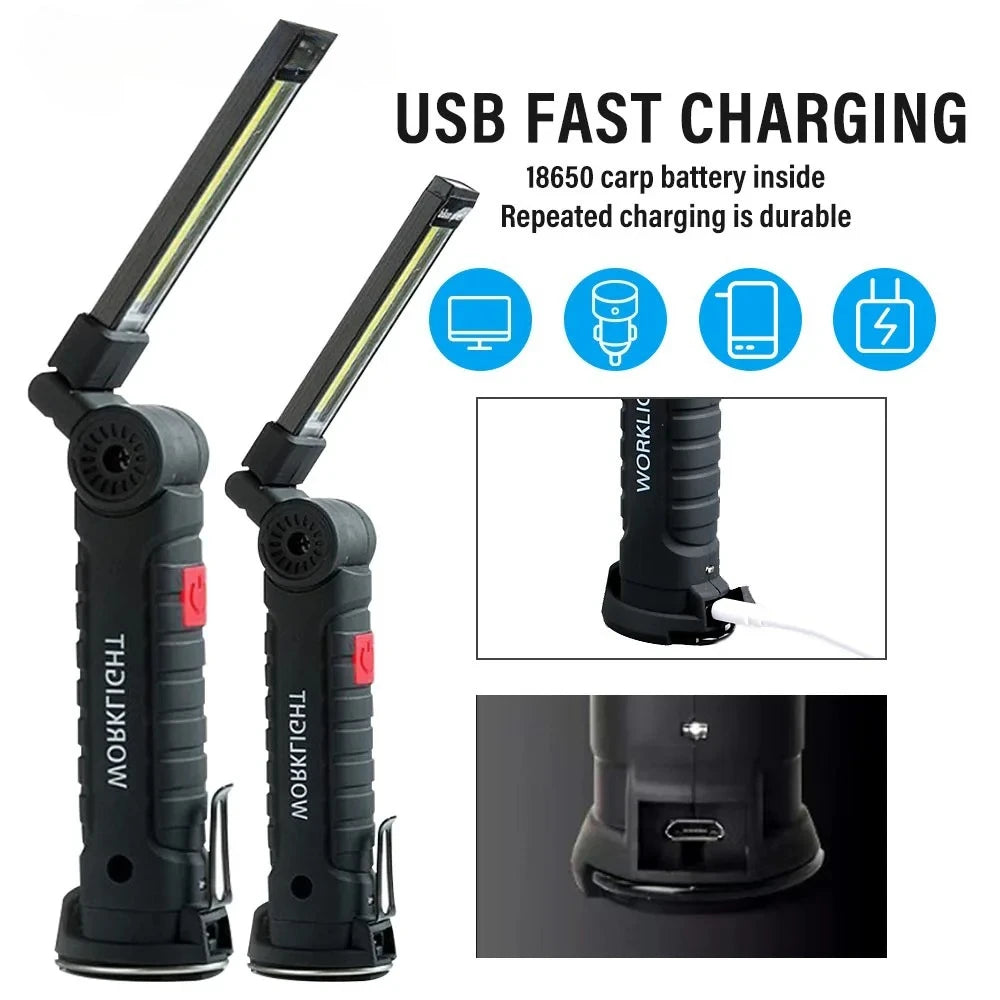 Rechargeable Camping LED Work Light COB Flashlight with Magnet and Hook Waterproof 5 Lighting Modes Suitable for Night Work Oasis Select