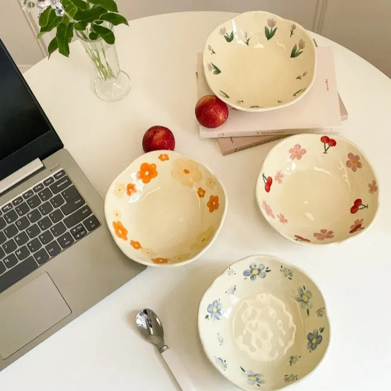 1PCS Ceramic Salad Bowl Hand Pinched Irregular Ins Korean Style Cream Yellow Yogurt Bowl Oatmeal Breakfast Plates Flower Bowl Oasis Select
