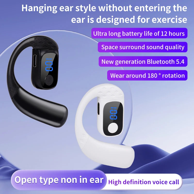 Open Wireless Headset Bluetooth 5.4 180° Rotation Adjustable Left Right Ear Universal Earphone Mic Sport Business Music Ear-Hook Oasis Select