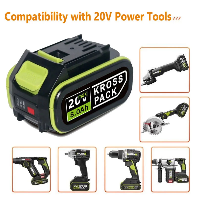 WORX 20V High-Capacity Li-Ion Rechargeable Battery 6.0Ah/8.0Ah Compatible with WA3551 WA3551.1 WA3553 WA3641 WX373 WX390 Tools Oasis Select