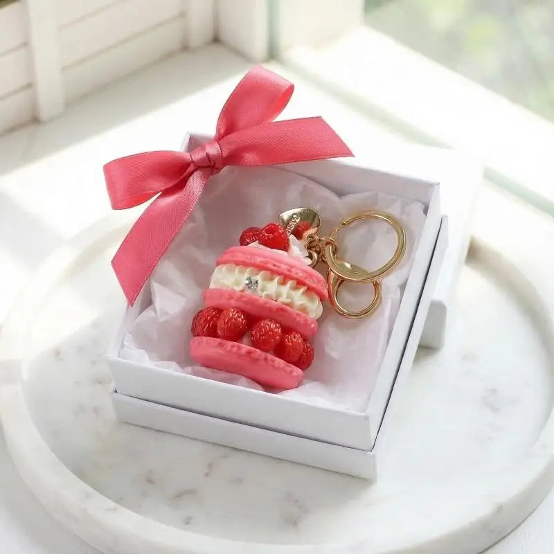 Fruit Macaron Cake Keychain Realistic Dessert Pendant Cute Fun Bag Accessories for Girls Key Ring Holder School Bag Charm Oasis Select