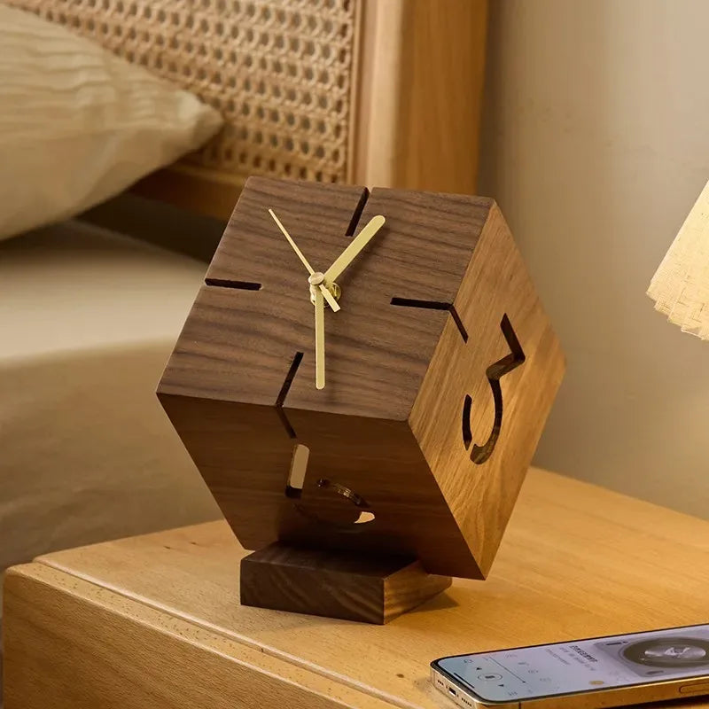 Simple and Luxurious Hollow Desktop Silent Desk Clock Ornament Creative Black Walnut Small Clock Fashionable Oasis Select