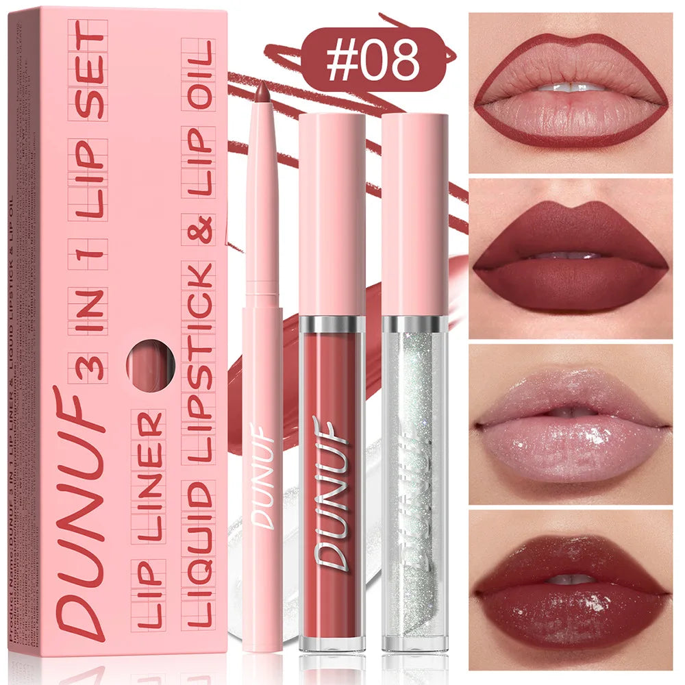 DUNUF 3-Pc Matte Lipstick Set – Lip Liner, Gloss & Oil Kit