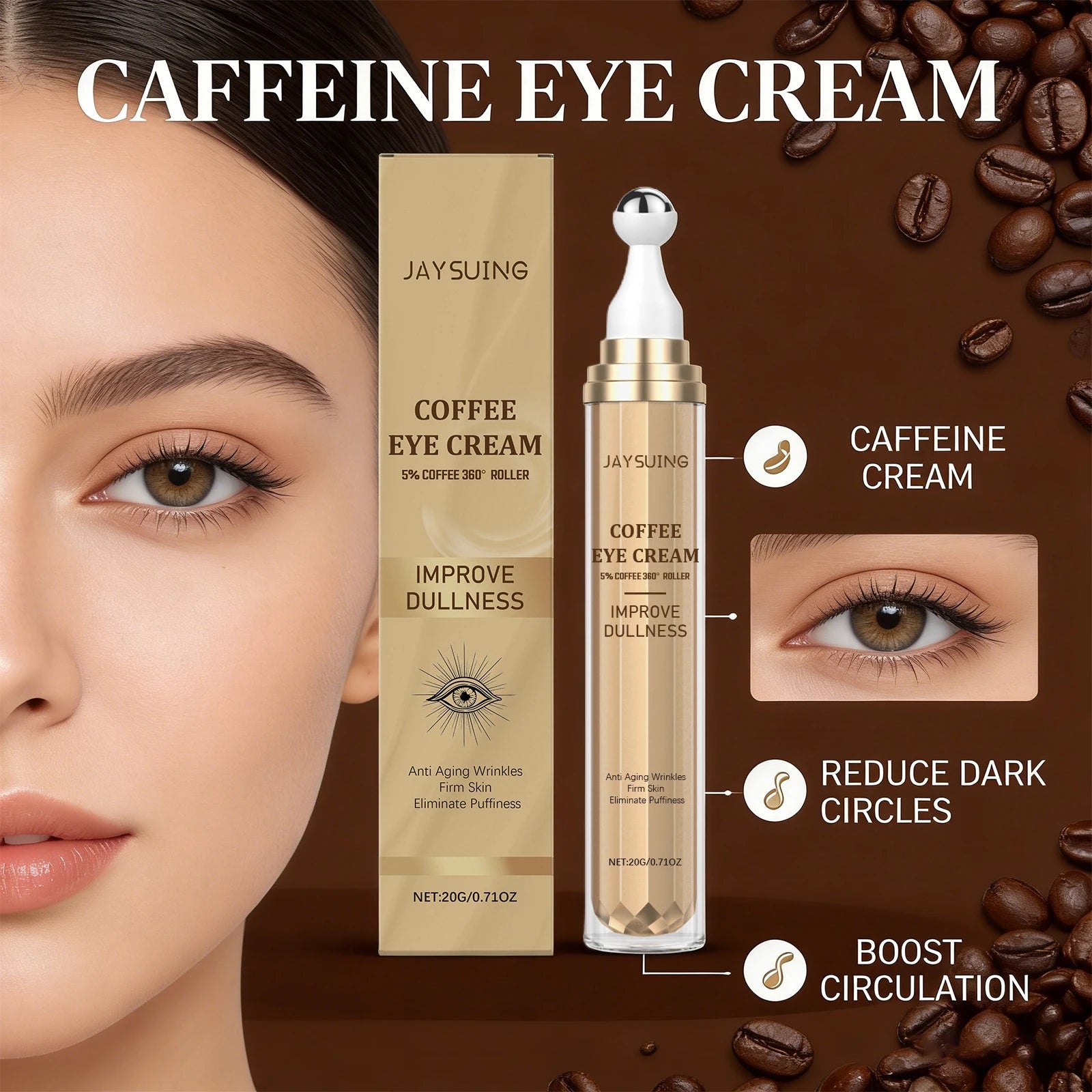 Caffee Firming Eye Cream Eye Roller Fade Dark Circles Remove Eye Bags Tightening Lifting Improves Fine Lines Eye Care Serum Oasis Select