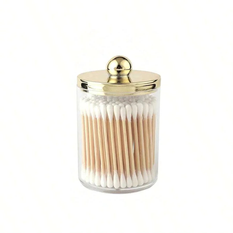 Cotton Swab Ball Pad Holder, Plastic Organizer with Lid, 10 oz Cotton Swab Apothecary Jar, Clear Organizer, Cosmetic Organizer, Oasis Select gold 1pc