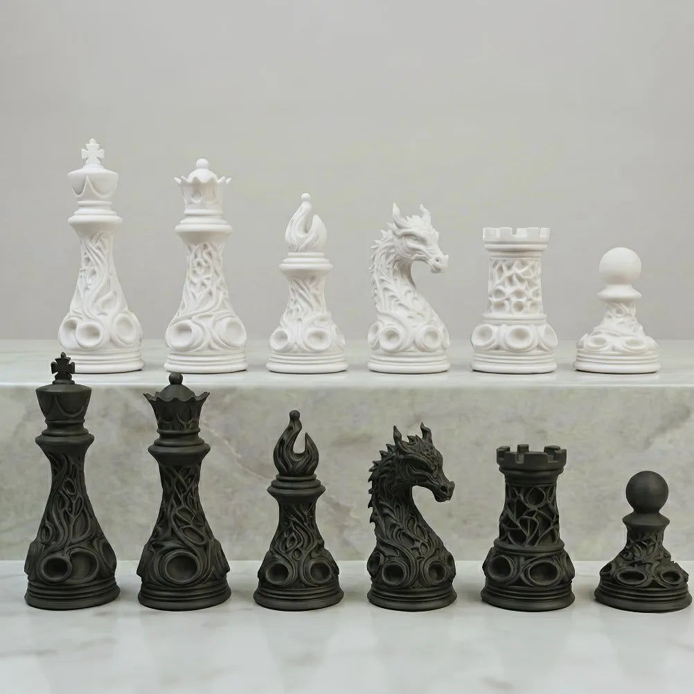 32pcs Gothic Dragon Chess Pieces Set Black White 3D Printed Hollow Design Tabletop Ornament Gift for Chess Lovers Oasis Select