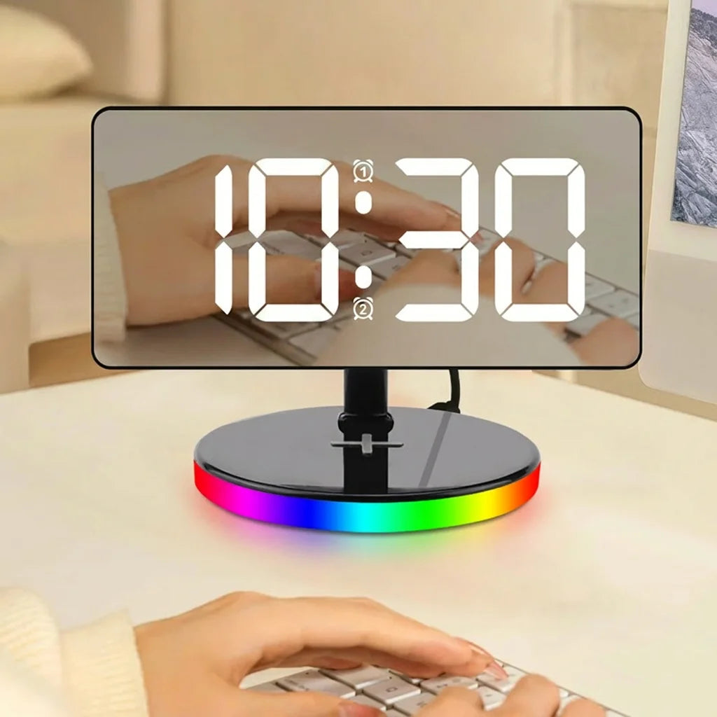 Digital LED Mirror Alarm Clock With 15W Wireless Charging RGB Ambient Night Light Dimmable Large Display for Bedroom Desktop Oasis Select Black