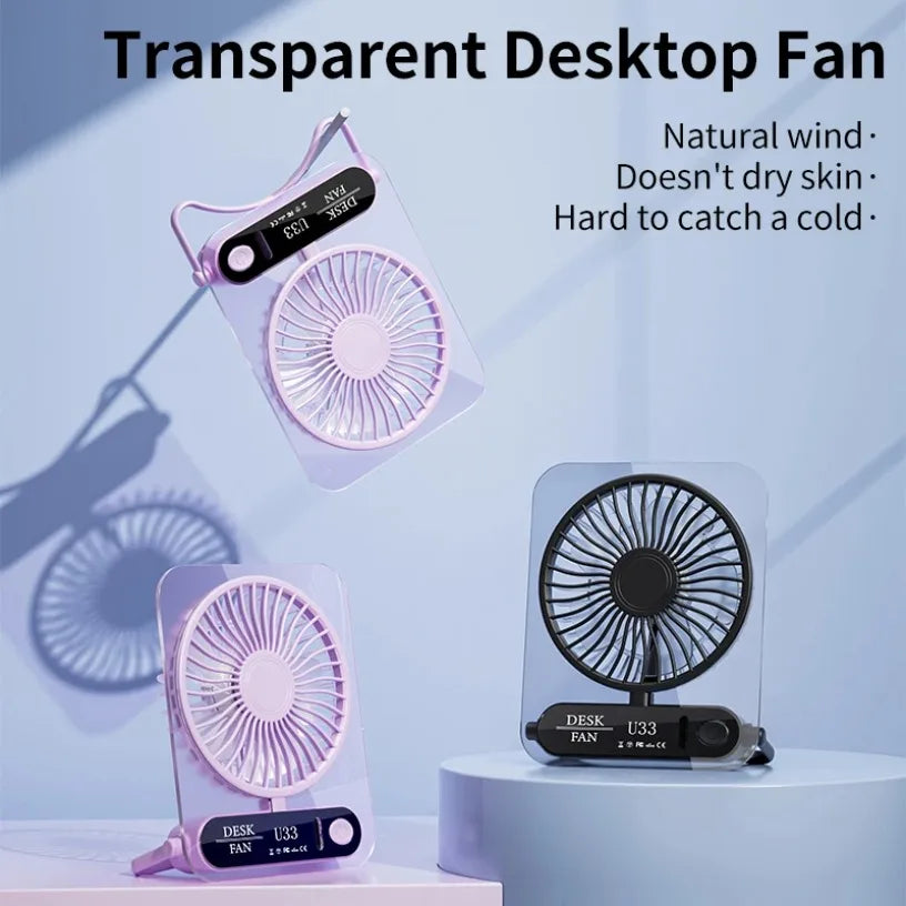 2026 New Transparent Desktop Fan Hanging Brushless Motor Low Noise Natural Wind Digital Display Type C Fan For Office Bedroom Oasis Select