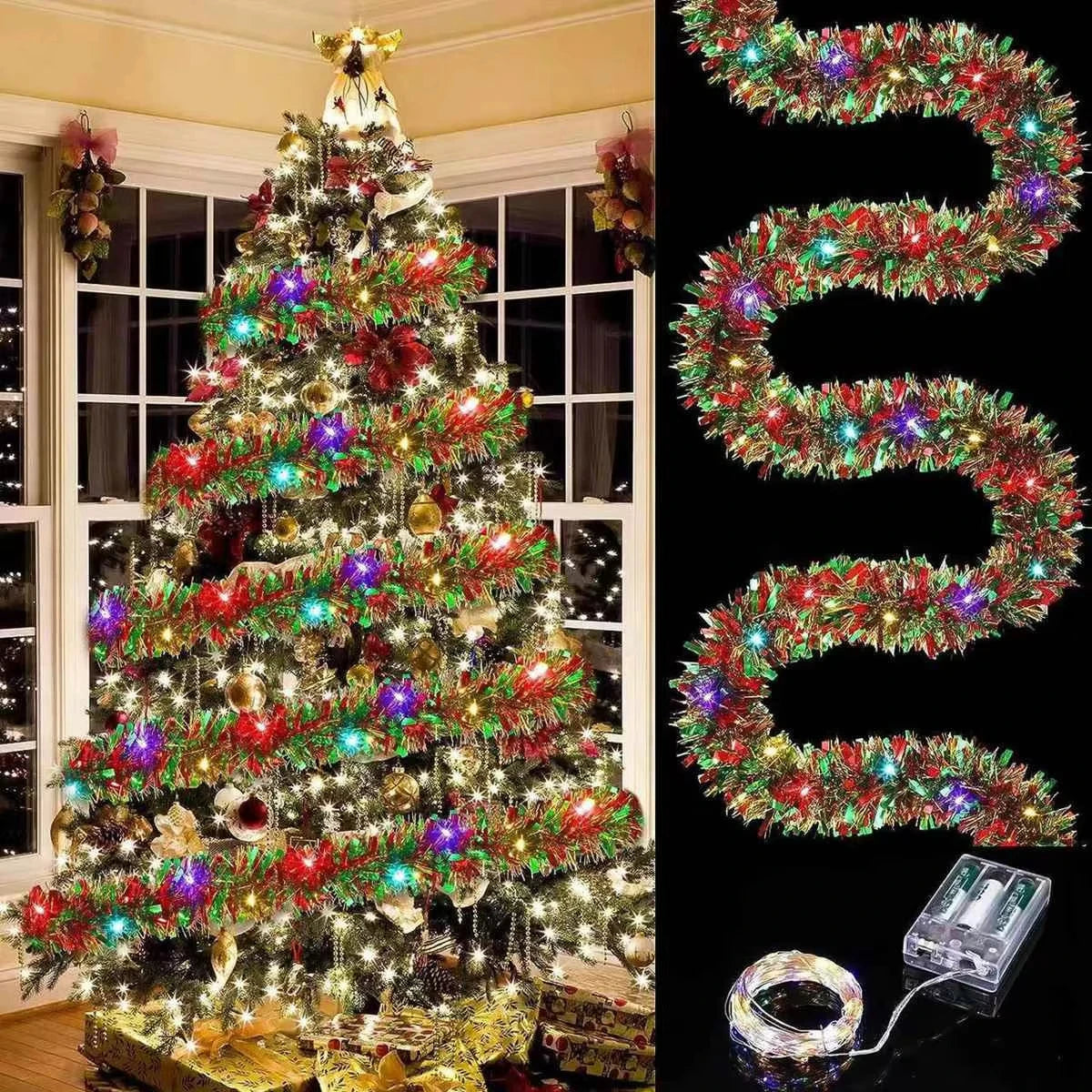 LED Christmas Tinsel Garland Artificial DIY Christmas Garland With LED Lights Xmas Metallic Twist Hanging Garland Fireplace 5m Oasis Select