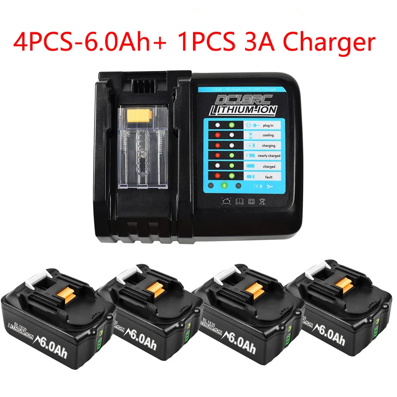 Battery 18V For Makita BL1860 BL1850B BL1850 BL1840 BL1830 Screwdriver Battery Charger 18V Replacement Power Tool Batteries lxt Oasis Select 4pcs 6Ah 3A Charger
