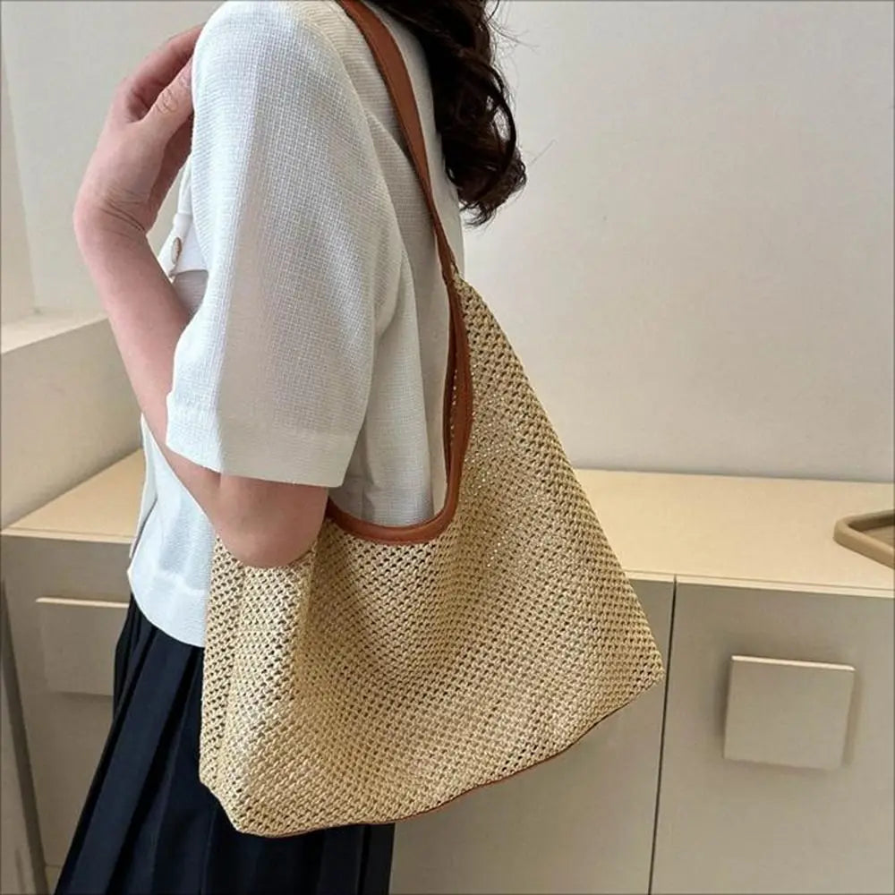 Fashion Solid Color Weave Straw Bag Bohemian Style Large Capacity Beach Handbag Bucket Bag Handmade Shoulder Bag Summer Oasis Select