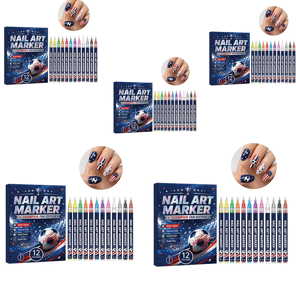 12Pcs Champion Fan Edition Nail Art Markers Quick Dry Nail Pens DIY American Flag Football Nail Art Liner Manicure Tools Oasis Select 5boxed