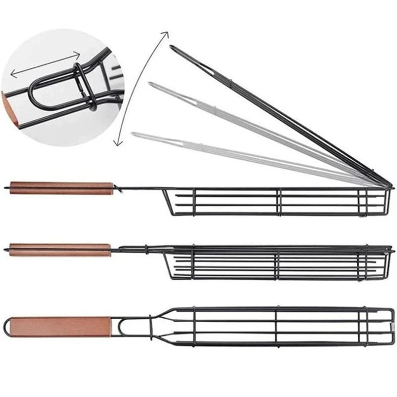 Portable BBQ Grilling Basket Stainless Steel Nonstick Barbecue Grill Basket Wooden Handle Grill Mesh Meat Picnic Roasting Tool Oasis Select