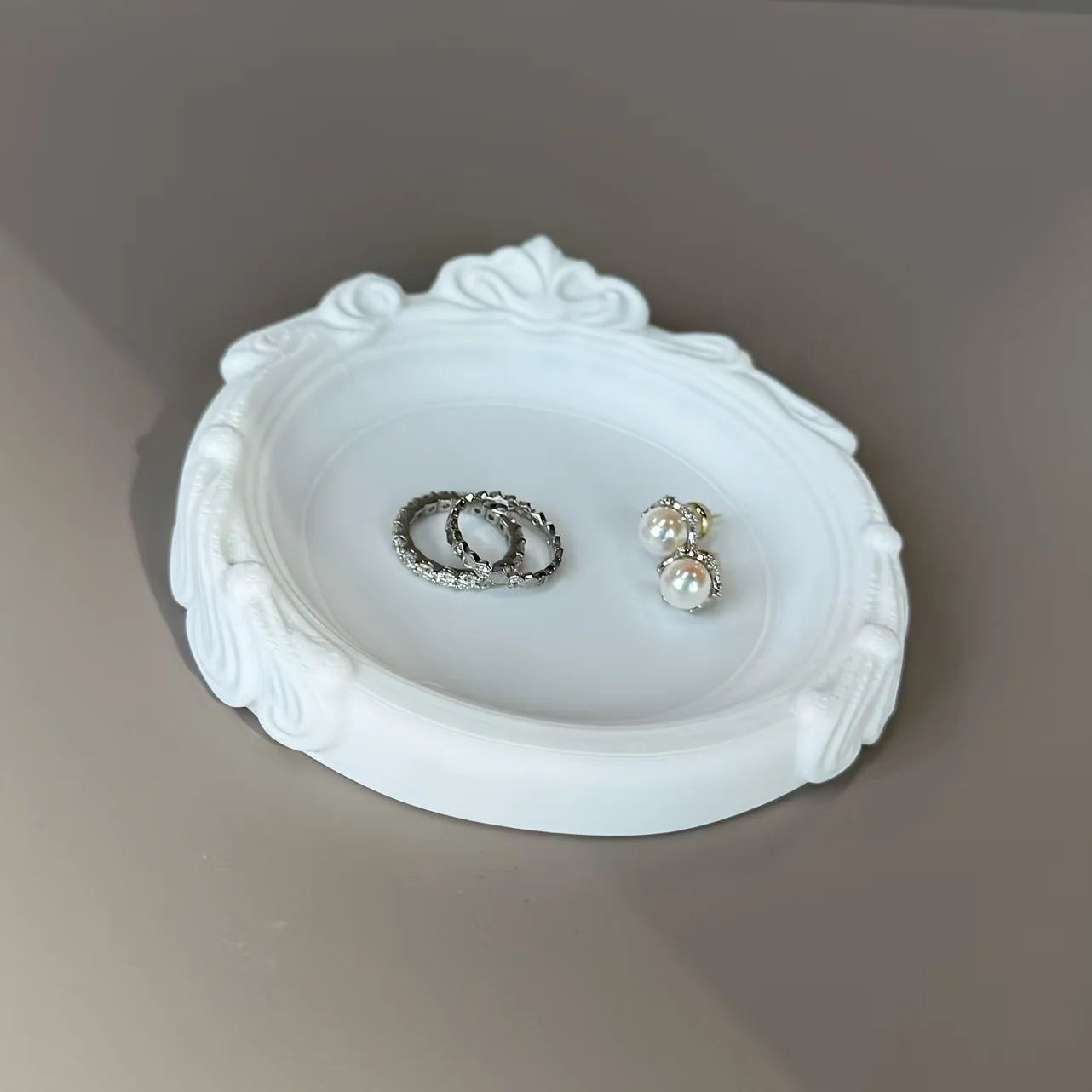 Ornate Baroque Style Jewelry Tray White Decorative Trinket Dish Elegant Vanity Organizer for Rings Earrings Small Accessories Oasis Select