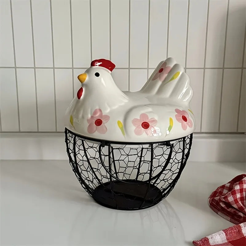 1pc Farmhouse Hen-Shaped Ceramic Egg Baske -Ceramic Egg Holder with Lid,Rustic Kitchen Organizer for Fruits/Veggies Oasis Select Pink Blossom