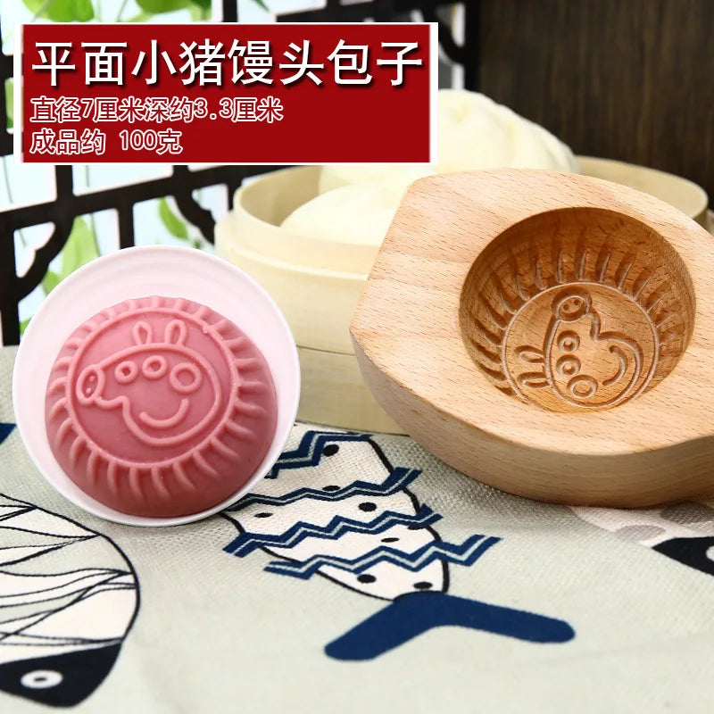 Kitchen Handmade Noodle Steamed Buns Pattern Steamed Bread Mold Baking Wooden Pasta Large, Medium and Small Cage Printing Tool Oasis Select Flat buns piggy