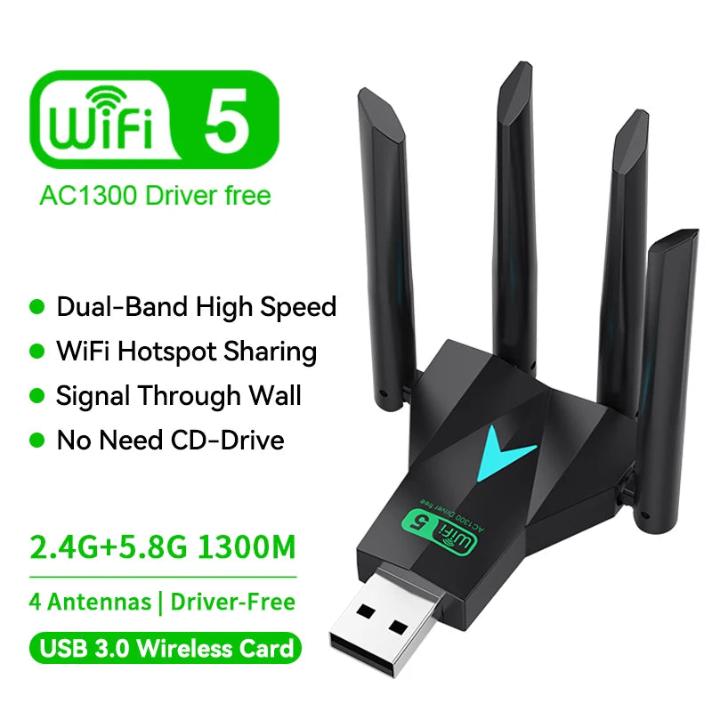Dual Band 1300Mbps WiFi USB Adapter 2.4G/5Ghz Wi-Fi Dongle USB3.0 802.11AC 4-Antenna Wireless Receiver For PC/Laptop Driver Free Oasis Select AC1300 WiFi Adapter 1