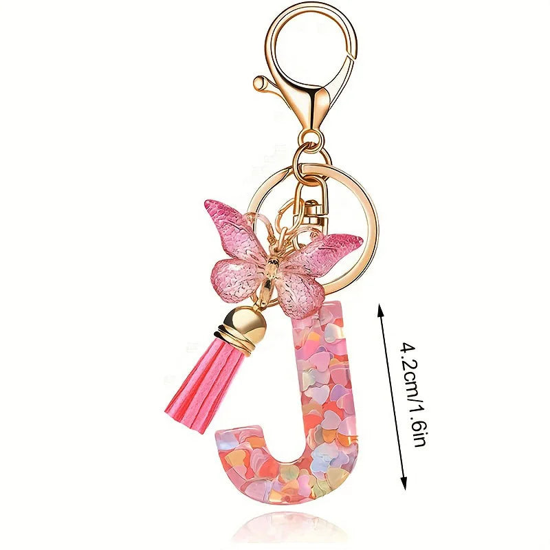 1pc Pink Glitter Letter Keychain with Heart Butterfly Tassel Crystal Resin Charm Fashion Accessory Gift for Women & Girls Oasis Select J