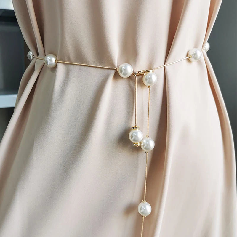 Elegant Pearl Women's Belt Simple Adjustable Metal Thin Chain Belt For Ladies Dress Skinny Waistband Decorative Jewelry Oasis Select Gold