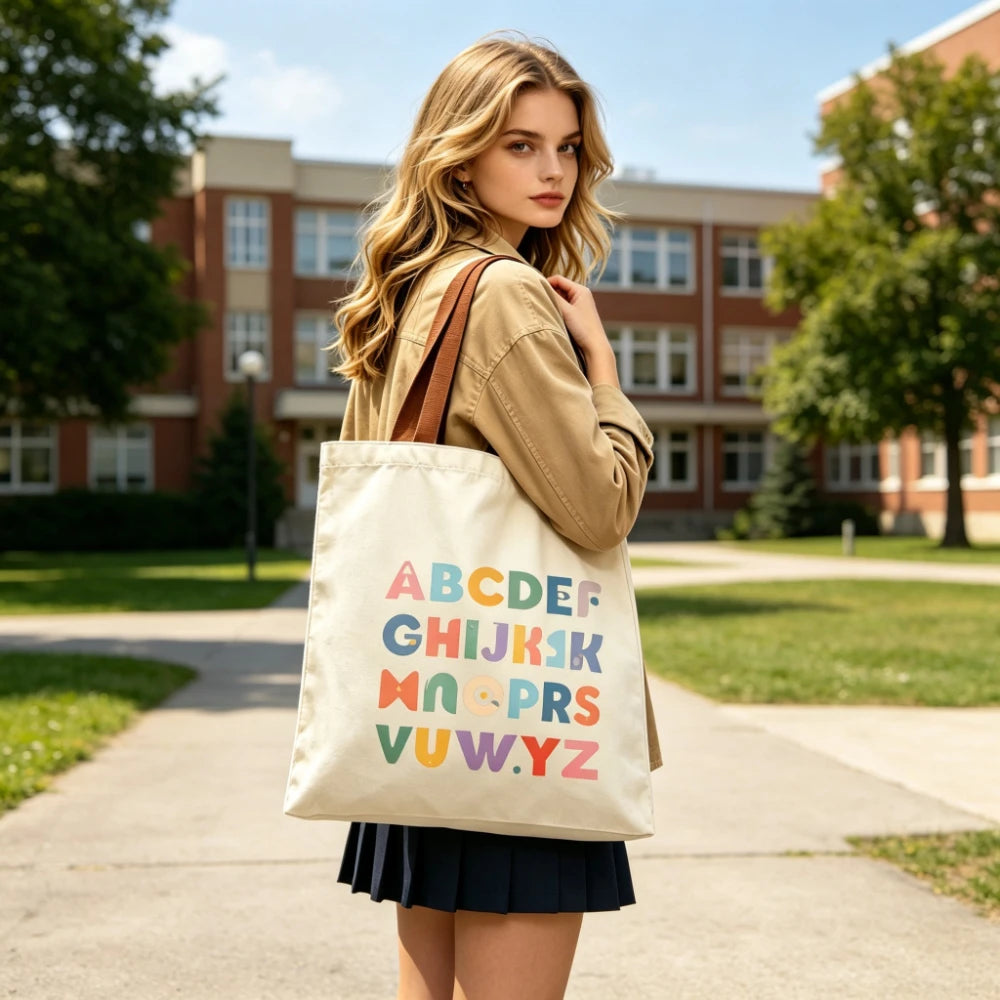 Colorful ABC Alphabet Canvas Tote Bag Large Capacity Eco Reusable Shopping Shoulder Bag Women Teacher Student School Handbags Oasis Select