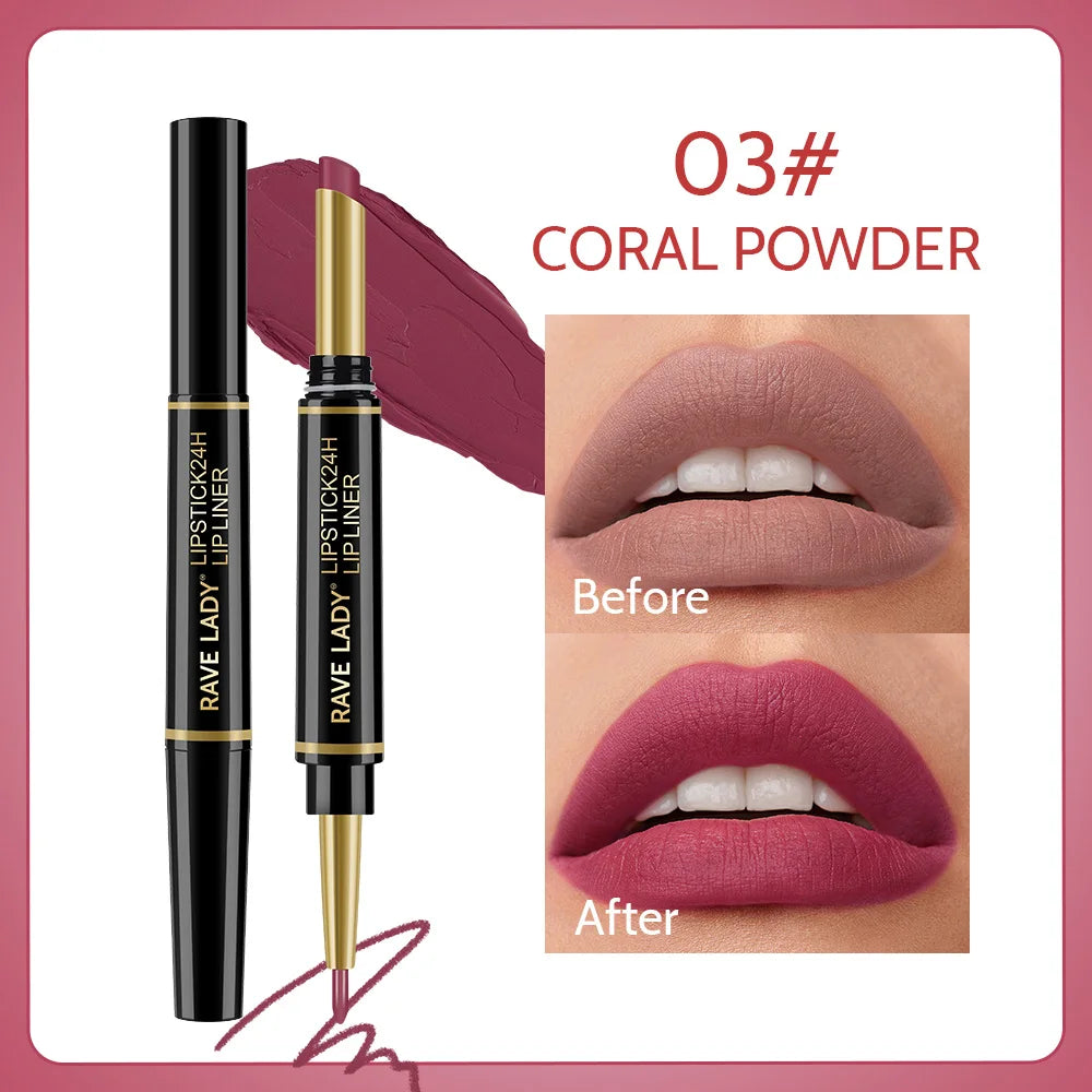 Rave Lady 2 IN 1 Matte Lipstick Lipliner Pencil 6 Color Christmas Gift Waterproof Lipstick Sexy Red Long Lasting Lipliner Makeup Oasis Select 03 Coral Powder 1.3g