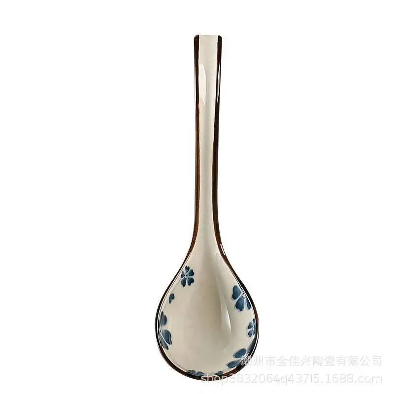 Japanese Blue And White Ceramic Spoon Extended Length For Soup And Noodle Serving Kitchen Tablewear Oasis Select