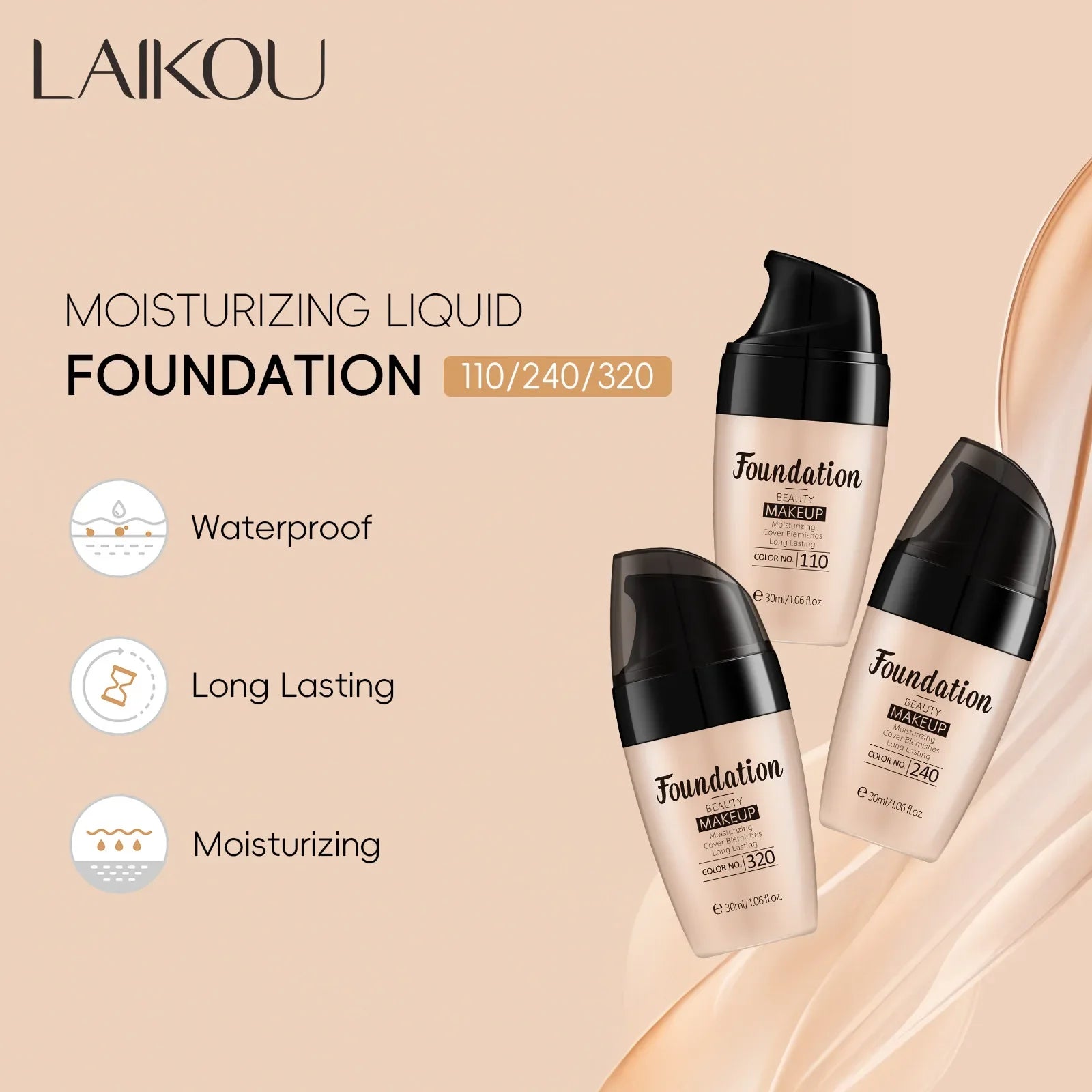 LAIKOU Liquid Foundation Moisturizing Long Lasting Full Coverage Concealer Waterproof Face Makeup 30ml Oasis Select
