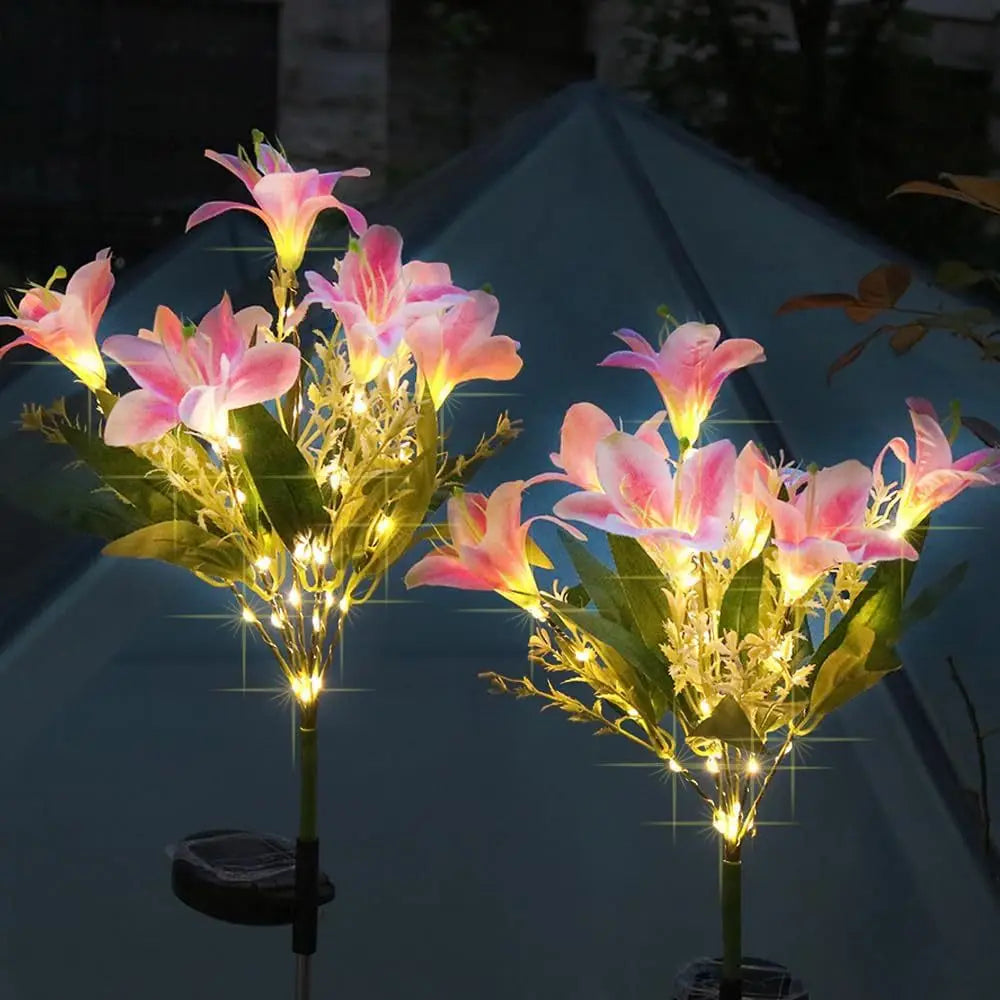 LED Gardenia, Rose, Lily Solar Outdoor Artificial Lantern, Garden Decoration, Lawn Lantern, Grass Atmosphere Light Oasis Select 7 pink lilies