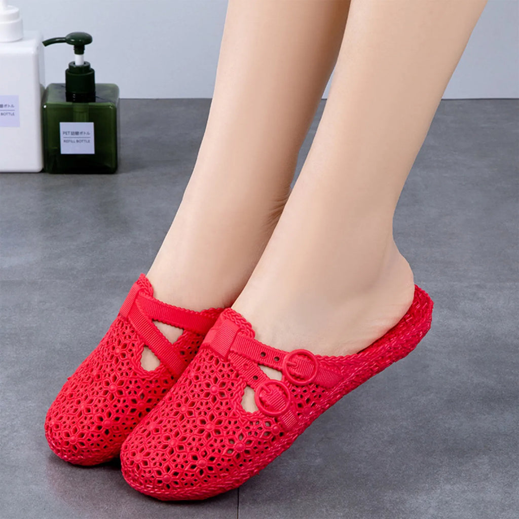Wrapped Toe Breathable Slippers Women Summer Outer Wear Hole Shoes Home Fashion Casual Hollow Out Slip On Buckle Slipper Female Oasis Select Red 37