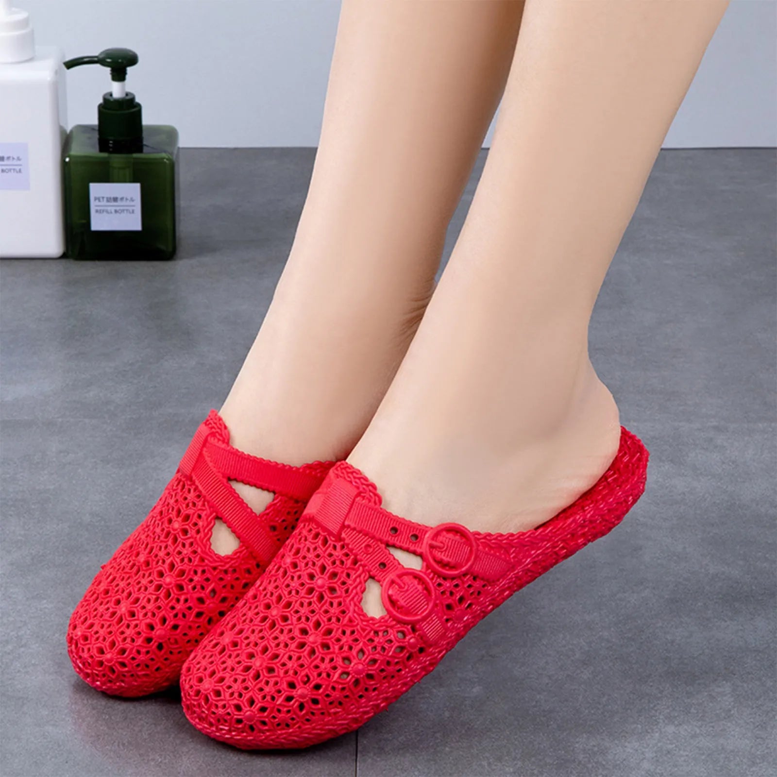 Wrapped Toe Breathable Slippers Women Summer Outer Wear Hole Shoes Home Fashion Casual Hollow Out Slip On Buckle Slipper Female Oasis Select Red 37