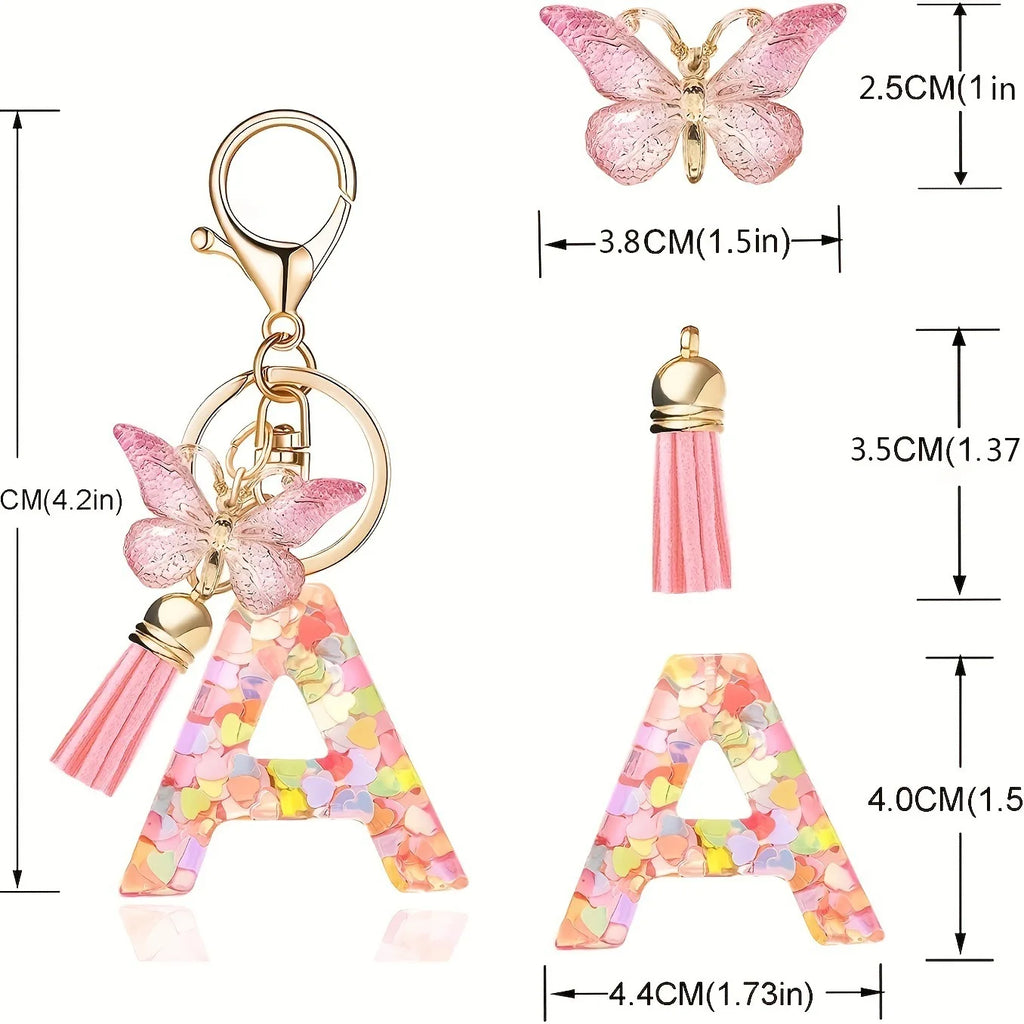 1pc Pink Glitter Letter Keychain with Heart Butterfly Tassel Crystal Resin Charm Fashion Accessory Gift for Women & Girls Oasis Select