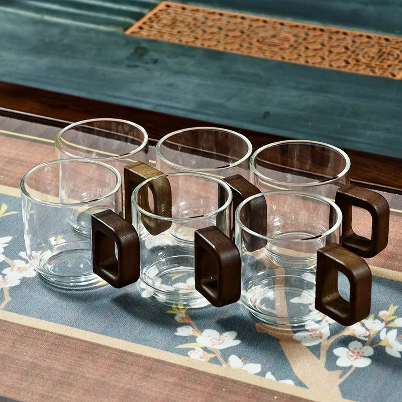 6Pcs Transparent Glass Cups with Wooden Handle, High Temperature Resistant Coffee Tea Sake Cups, Colored Cups Kitchen Drinkware Oasis Select Transparent-6Pcs 120ml