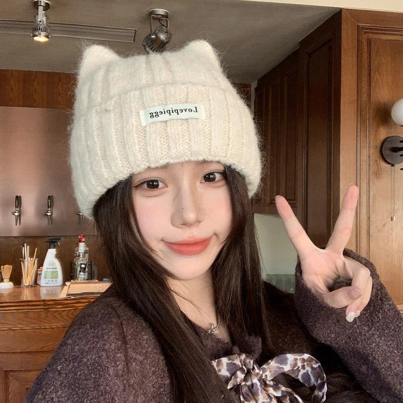 Cat Ear Knitted Beanie – Korean Style Winter Hat for Women