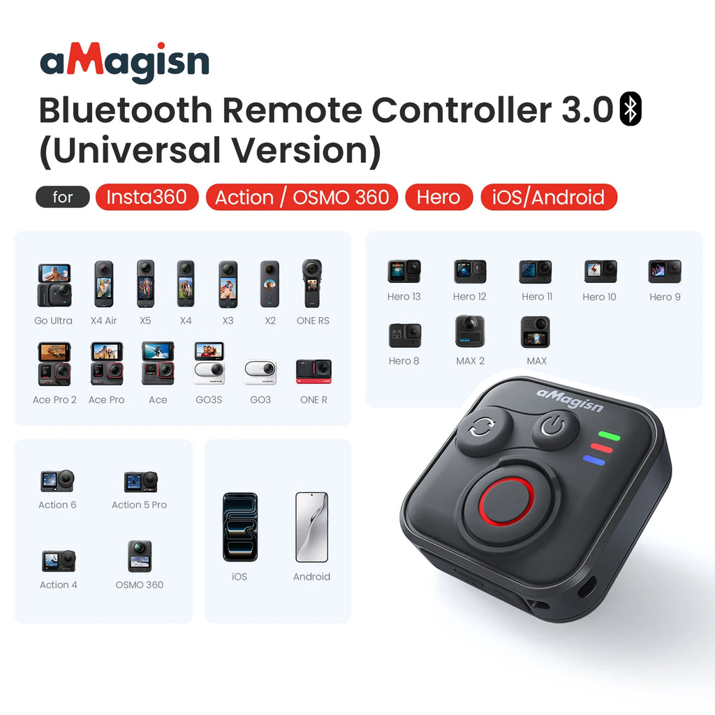AMagisn Bluetooth Remote for Insta360, GoPro & DJI | 76m Range
