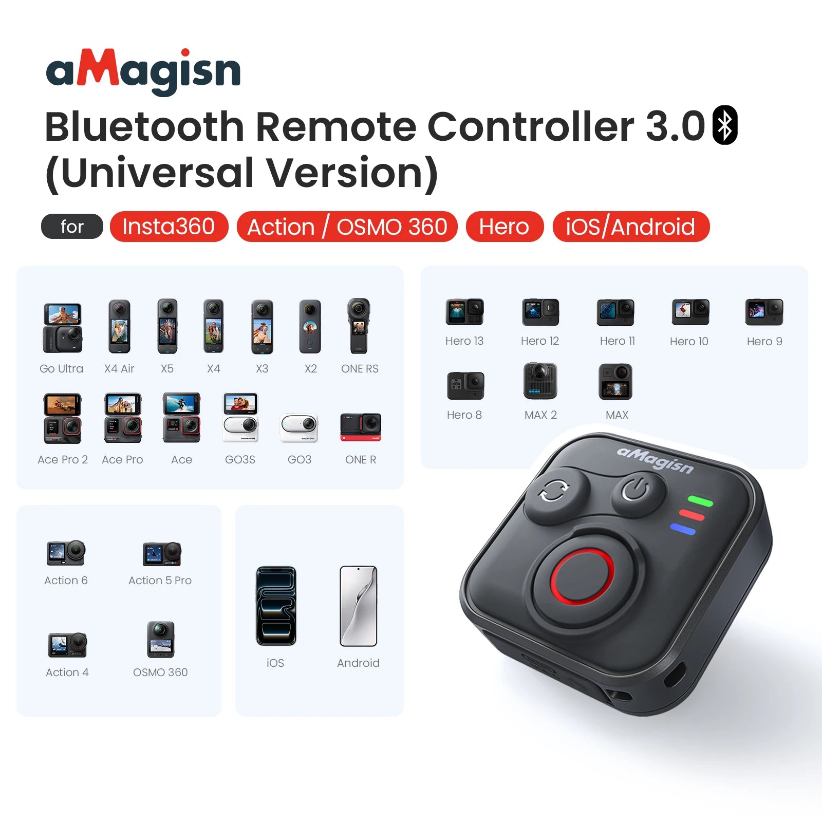 AMagisn Bluetooth Remote for Insta360, GoPro & DJI | 76m Range