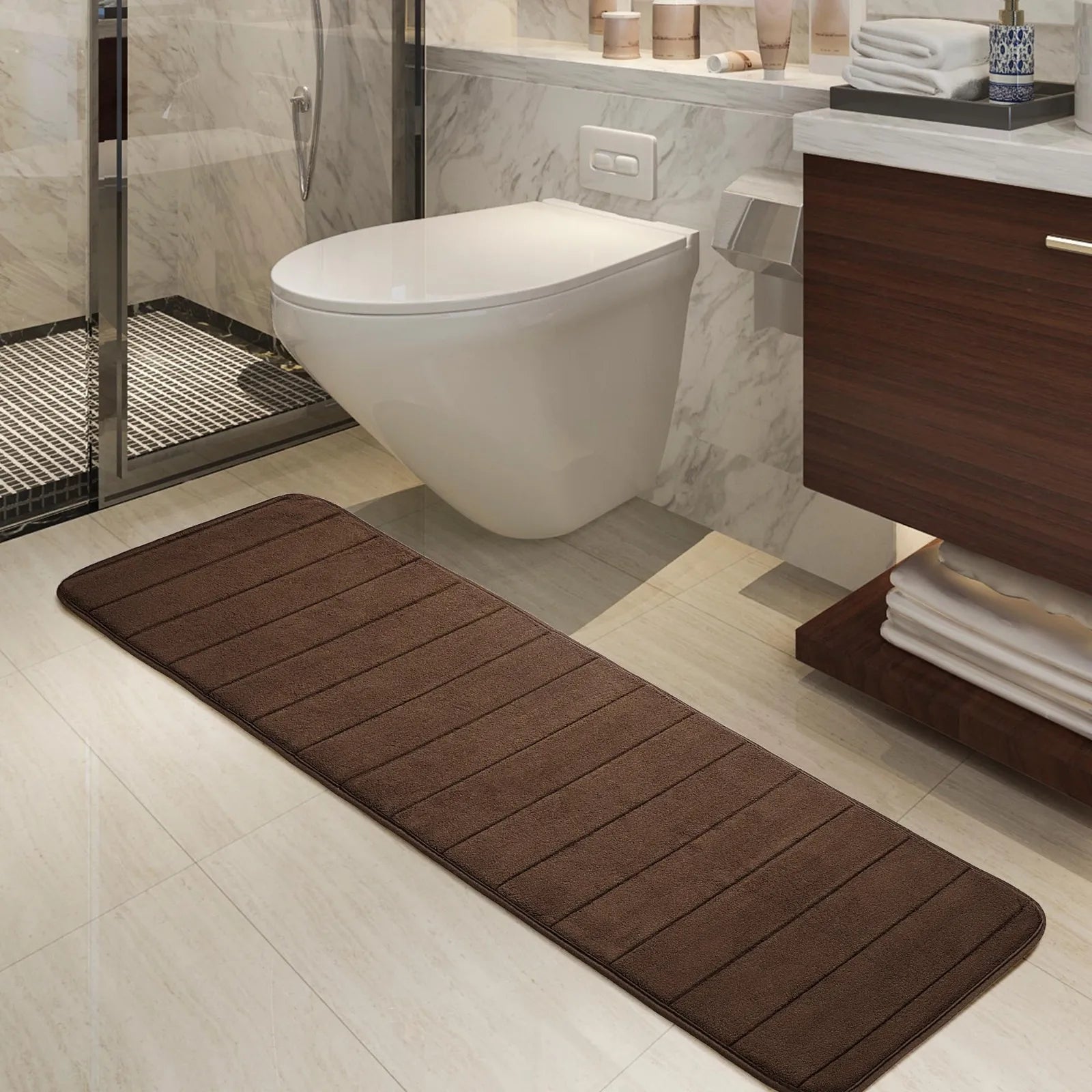 Long Oversized Bathroom Rug Memory Foam Bath Mat in Brown Textured Stripes Extra Long Non-Slip Absorbent Runner for Shower Oasis Select