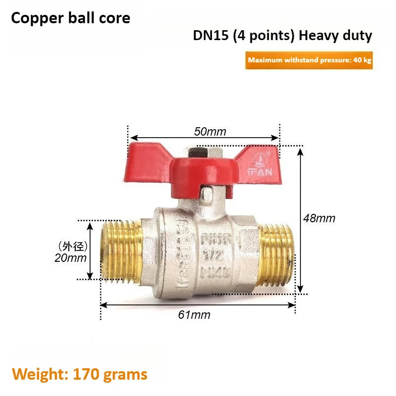 Brass Globe Valve with Butterfly Handle Two-piece 1/4 "3/8" 1/2 "3/4" External Thread, Suitable for Gas, Water, Oil, and Air Oasis Select 4 points DN15 copper Male thread