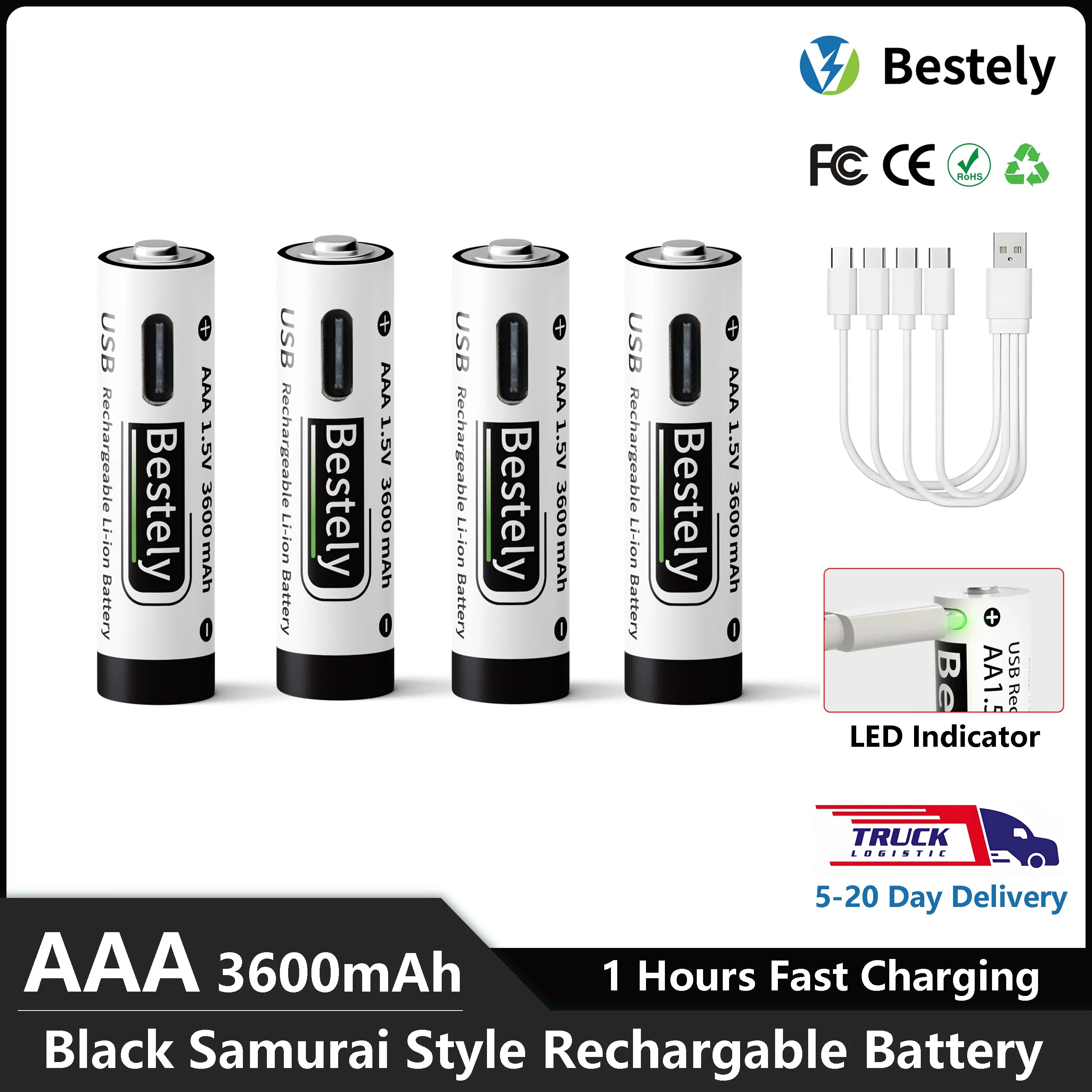AAA Battery Rechargeable Li-Ion 1.5V 3600mAh 2000 Cycles USB-C Fast Charging Long-Lasting with free USB- C Cable Oasis Select
