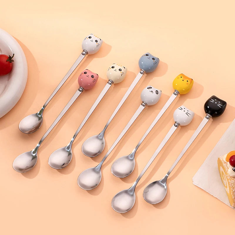 Stainless Steel Coffee Dessert Spoons with Long Cat Handle Cartoon Ice Cream Stirring Spoon Ceramic Kitchen Flatware Oasis Select Cat Blue