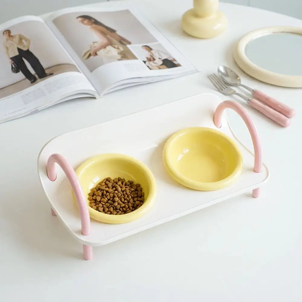 Ceramic Pet High Footed Bowl Non-Slip Anti-flip Elevated Pet Feeder Bowl Neck Protection Double Bowls Cat Food Water Bowl Oasis Select
