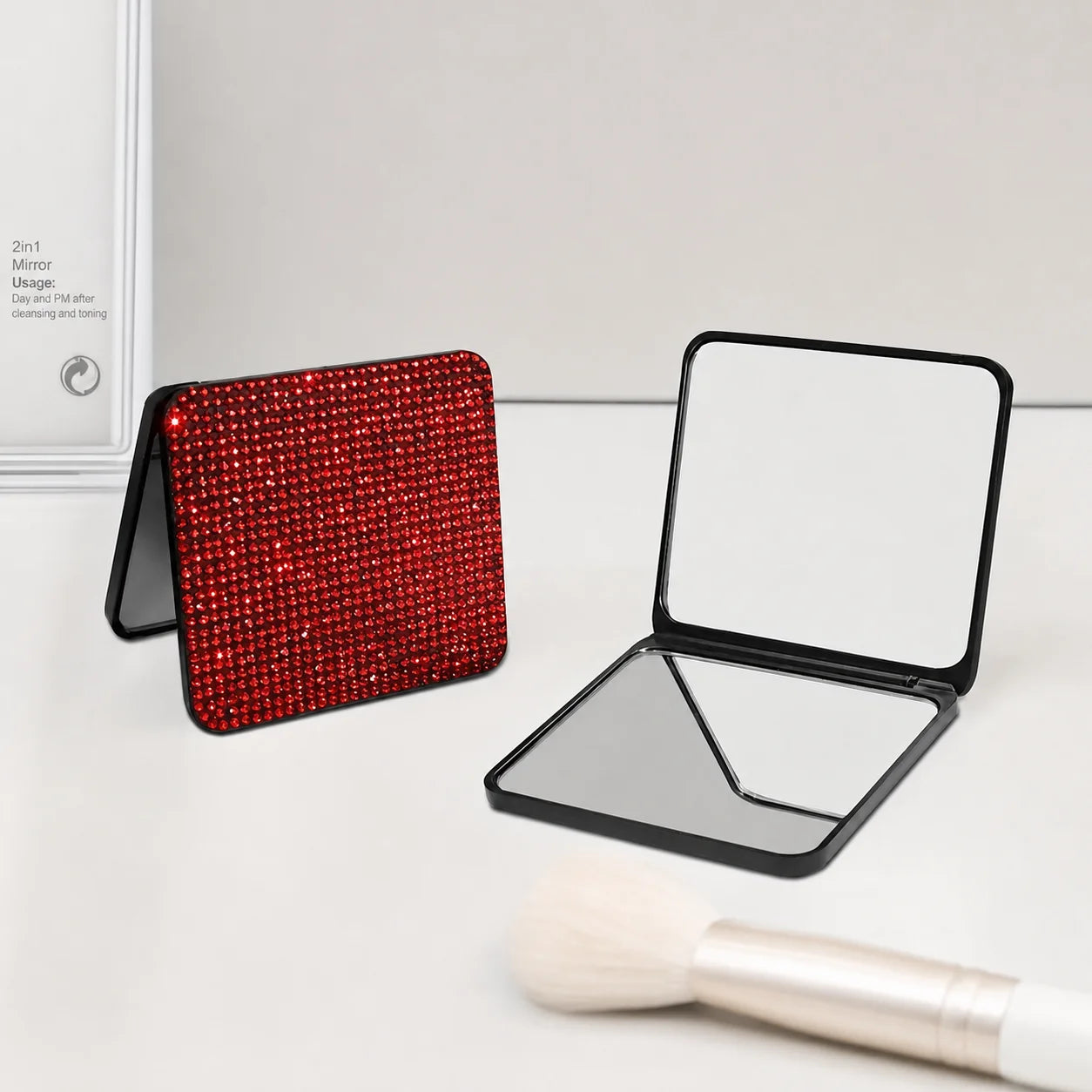 Rhinestone Compact Pocket Mirror – Double-Sided Flip Makeup Mirror